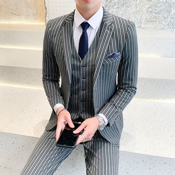 

men striped suit asian size s m 4xl 5xl business banquet men suit jacket + pant + vest 2019 new wedding suits, White;black