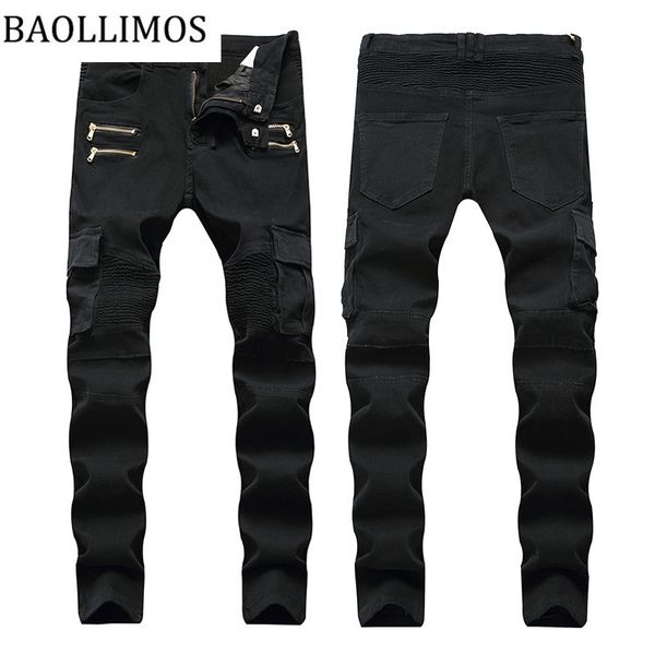 

fashion men ripped skinny jeans stretch destroyed frayed slim fit denim pant with zipper pencil pants trousers men pants, Black