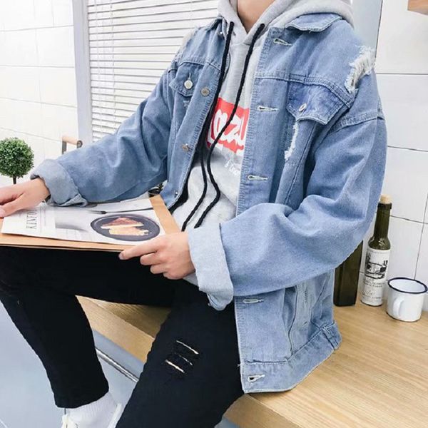 

korean trendy loose ripped hole denim jacket men's handsome wild casual jacket 2020 spring autumn teenagers student men, Black;brown
