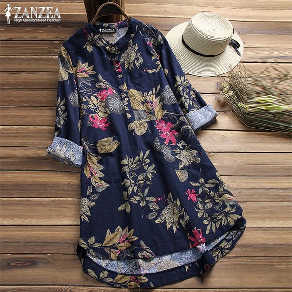 

плюс размера рубашка vestidos женщин цветочной блуза zanzea 2019 женских повседневных кнопки рубашки урожая цветочного blusas bohemian tops, White