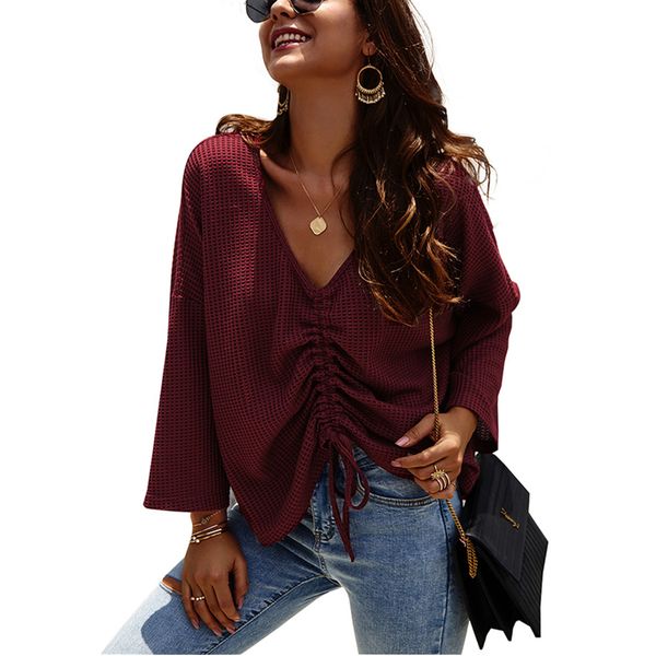 

women v neck long sleeve waffle knit ruched drawstring front tie pullover blouse jumper female autumn sweaters, White;black