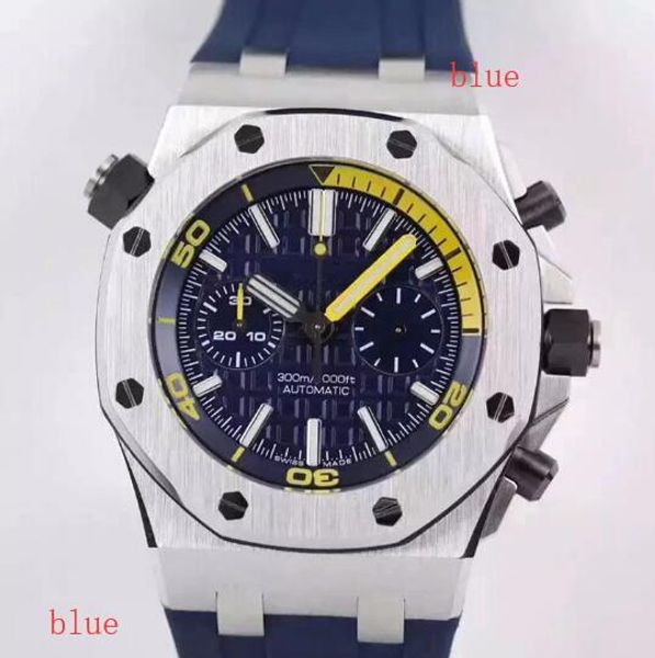 

44mm royal oak offshore diver men watch blue dial durable blue rubber strap outdoor mens watches quartz chronograph wristwatches, Slivery;brown