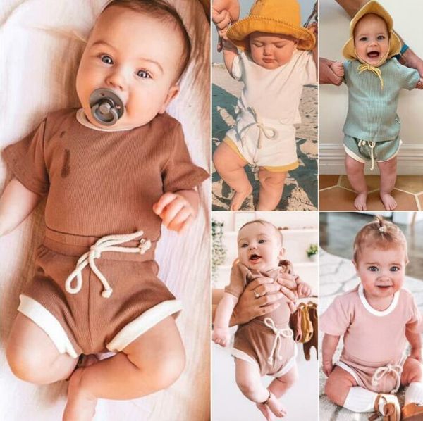 

kids designer clothes baby summer casual clothing sets short sleeve solid pants suits cotton t-shirts drawstring pants outfits byp446, White