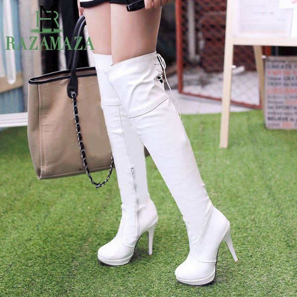 

razamaza over the knee boots women's winter warm platform shoes for women fashion zipper lace high heels boots size 33-43, Black