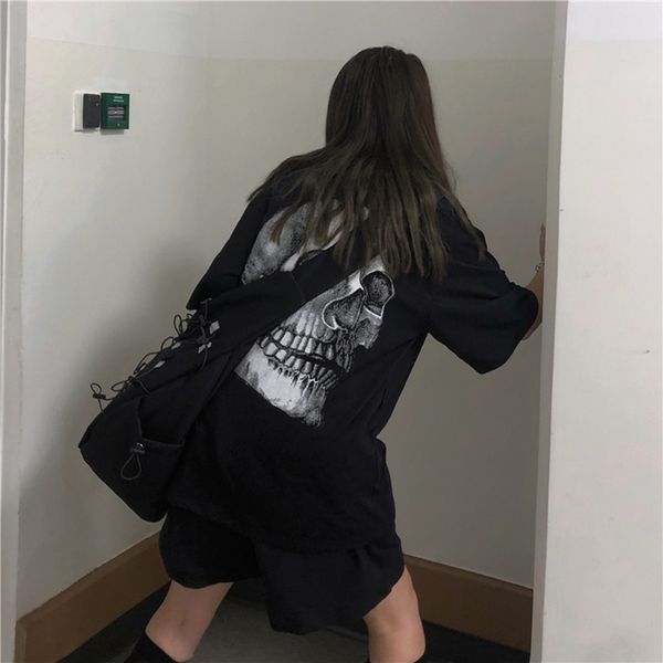

summer korea harajuku dark black retro skull print bf loose short-sleeve t-shirt streetwear men and women tide, White