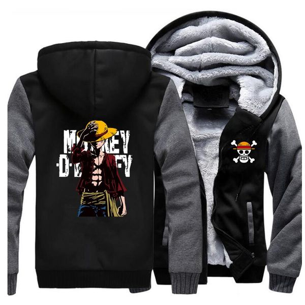 

one piece jackets men luffy japan anime sweatshirt hoodies winter thick zipper fleece the pirate king coat jacket sportswear, Black