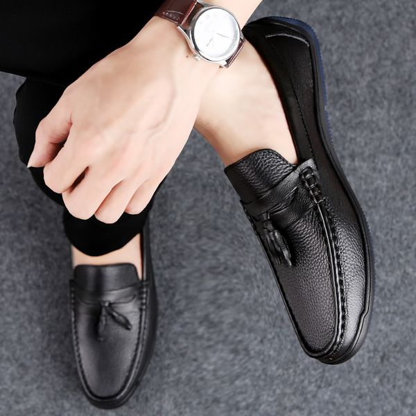 

large size 36-56 men casual shoes fashion men light shoes genuine leather loafers moccasins slip on flats, Black