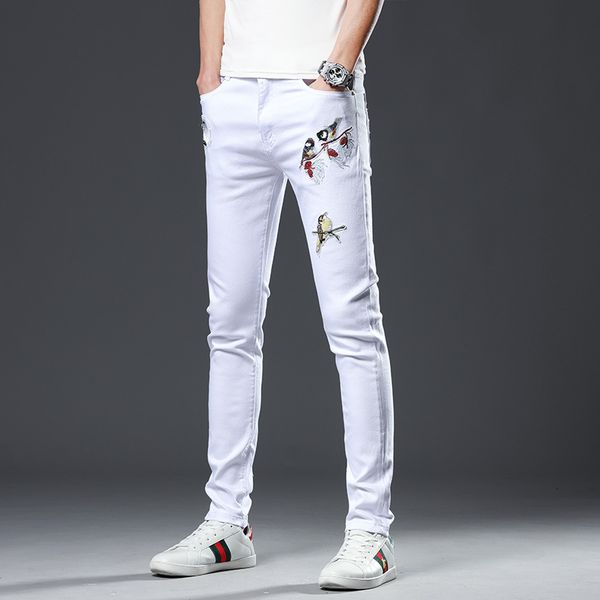 

новые джинсы для мужчин slim fit брюки классические джинсы мужские джинсовые дизайнерские брюки bird embroid прямые эластичные брюки каранда, Blue