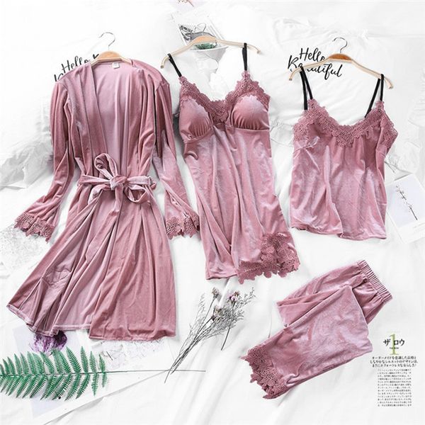 

2019 spring gold velvet 4 pieces warm pajamas sets women lace robe pajamas sleepwear sleeveless nightwear gown sets new, Blue;gray