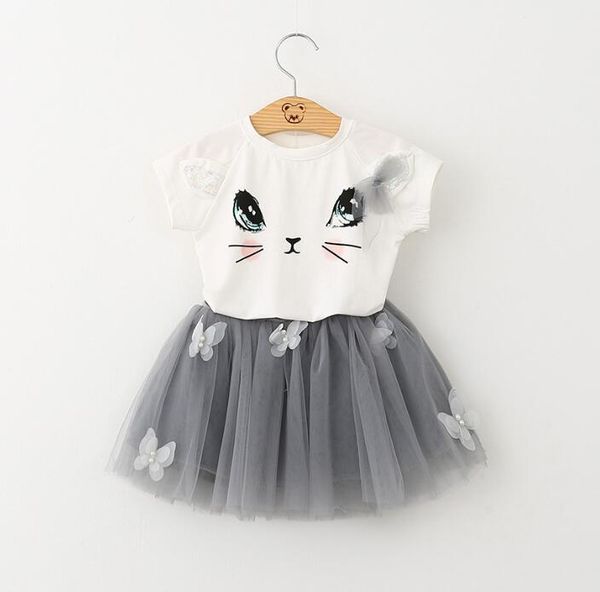 

summer new explosion style girl short sleeve set cute cat t-shirt puffy pleated skirt skirt wy670, Red;yellow