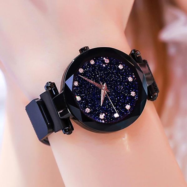 

luxury starry sky watch women's minimalist diamond mesh band analog quartz wristwatch lady rose gold black watches, Slivery;brown