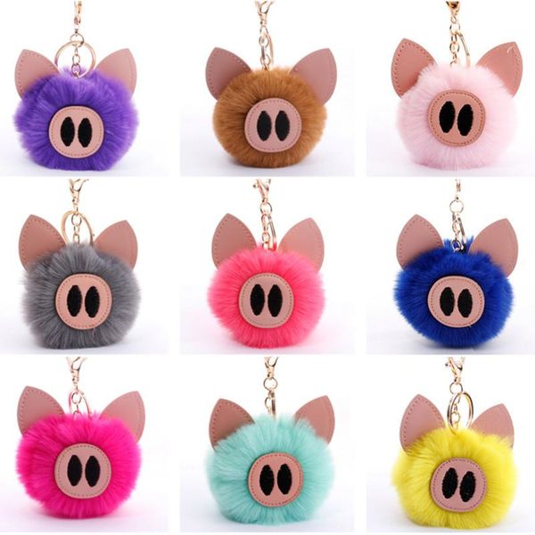 Saco Cadeia 5pcs / Lot Key porco dos desenhos animados do falso da pele do coelho bola Car Key Anel 8 centímetros Plush Pig Chaveiros Pompom Chaveiros Meninas Acessórios