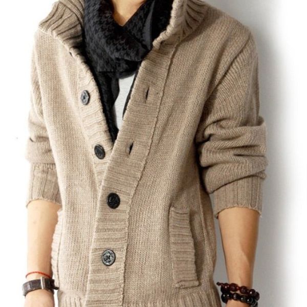 

2019 new desgin fashion big lapel single-breasted men's sweater real wool cotton men's sweater coat wool coat cardigan man, White;black