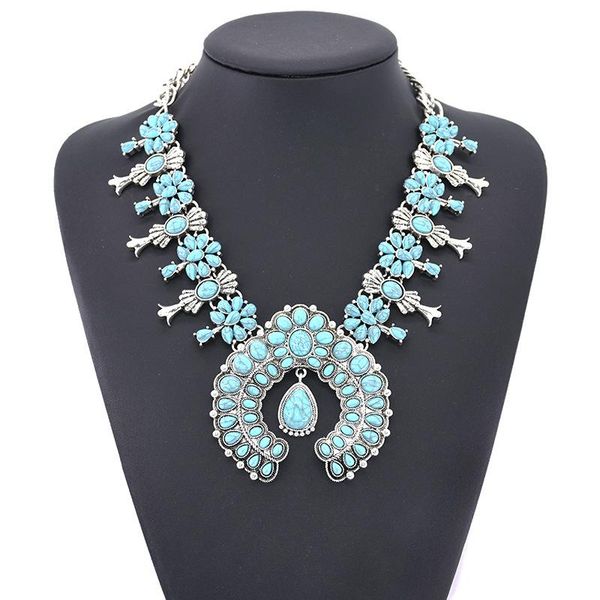 

european and american big fashion bohemian turquoise flower pendant necklace alloy models, Silver