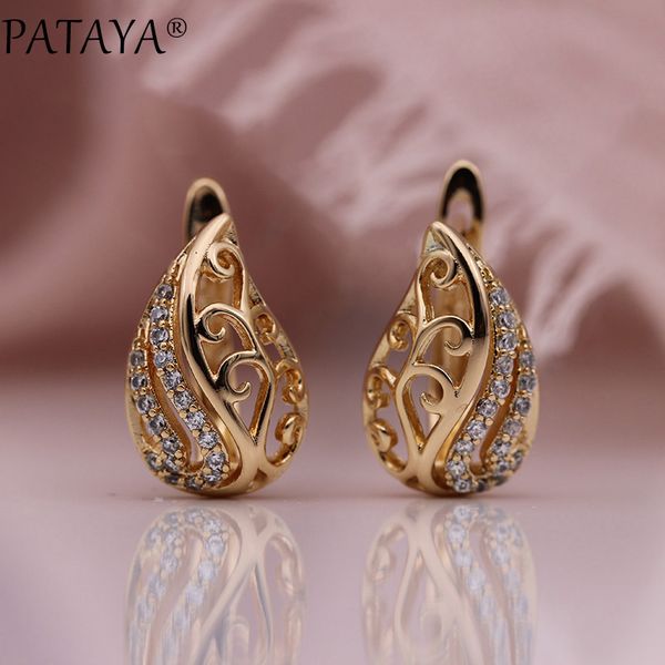 

pataya new unique flame water drop dangle earrings 585 rose gold white round natural zircon hollow earring women fashion jewelry, Silver