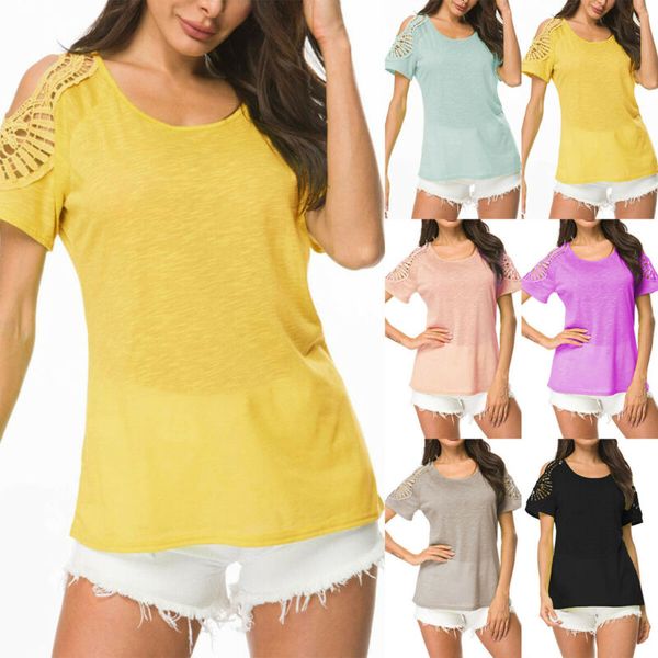 

Womens Cold Shoulder Plain Crew Neck Plus Size Tops T-shirt Summer Casual Blouse