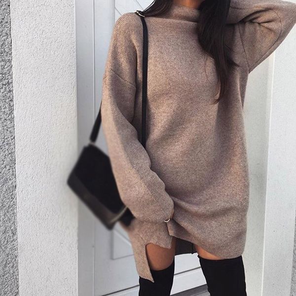 

women's sweater dress autumn winter loose casual knit solid color high collar long sleeve ladies dress, Black;gray