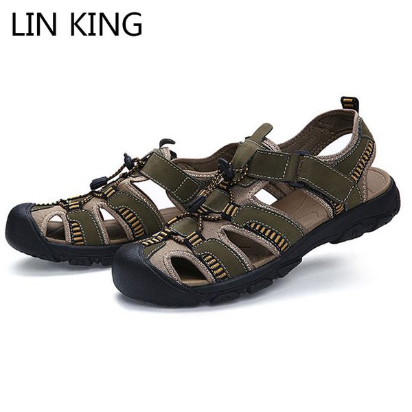 

lin king new design genuine leather men sandals big size man roman beach sandals fashion outdoor summer gladiator shoes for male, Black