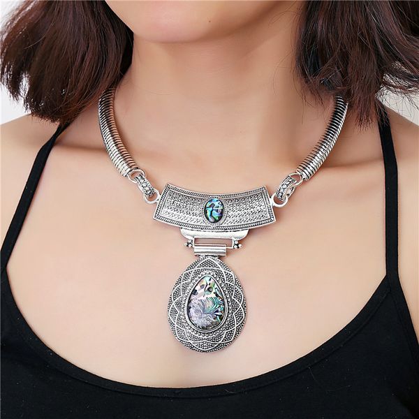 

fashion bohemian abalone shell silver necklace jewelry popular retro bohemia style torques choker water drop pendant necklace