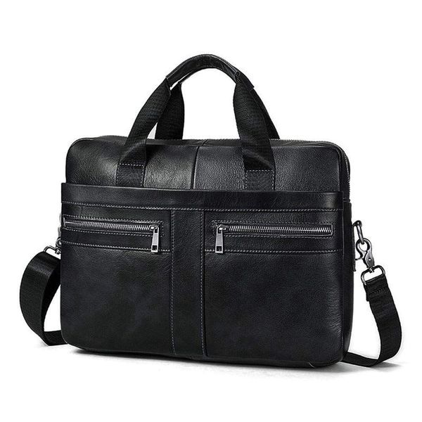 

14 inch genuine leather handbag briefcase lapdocument holder men business women-black