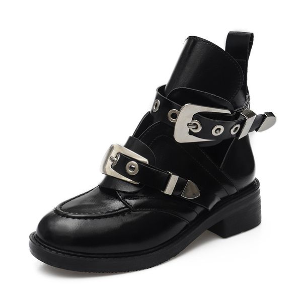 

women shoes leather ankle motorcycle boots riding gladiator bootie flats cutout square heel buckle runway boots for woman size44, Black