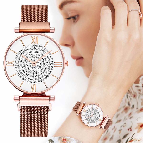 

fashion women magnet buckle full diamond watch luxury ladies stainless steel quartz watch yolako clock dropshipping, Slivery;brown