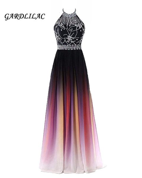 

halter beaded gradient chiffon evening dresses 2019 sequins prom dress plus size ombre prom long elegant dress, White;black
