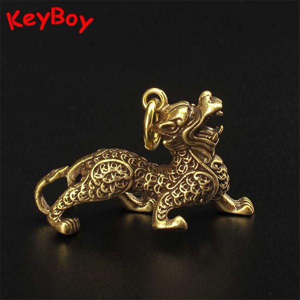 

vintage brass chinese ancient animal qilin beast lucky keychain pendants handmade copper feng shui car key chain rings hanging, Silver