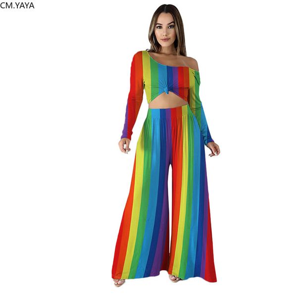 

new autumn elegant women's set rainbow stripes print long sleeve tee loose pants suit sporting two piece set outfit gl5059, White