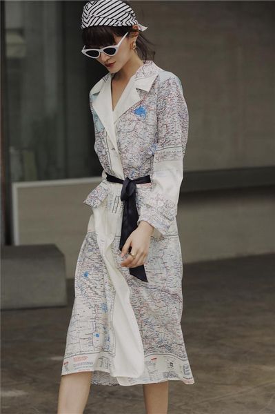 

printed map windbreaker for women fashion designer style female trench coat with belt outerwear sashes streetwear, Tan;black