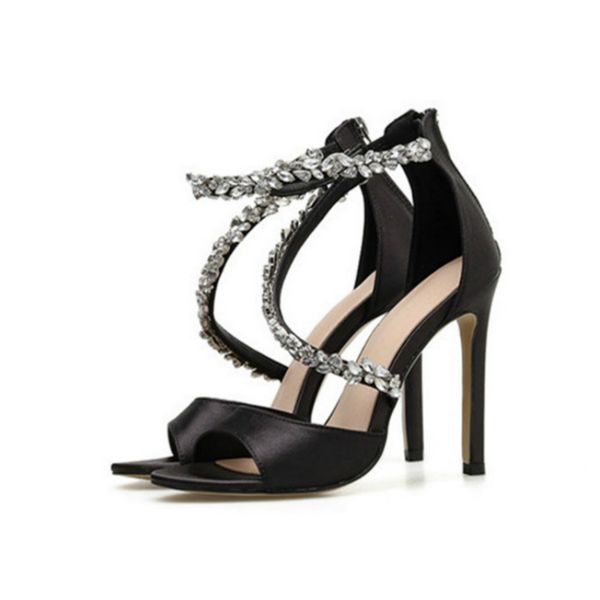 

the new summer 2020 fashion versatile rhinestone zipper lady toe wrap stiletto sandals banquet must-have 35-40, Black