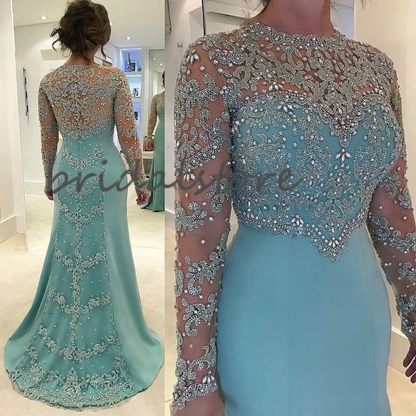 Feine blaue Meerjungfrau-Kleider für die Brautmutter, Illusionsausschnitt, lange Ärmel, elegante formelle Abendkleider 2020, Perlenspitze, Übergröße, Bräutigam-Mutter