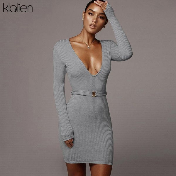 

klalien women dress with sashes elegant slim femme sheath solid dress deep v-neck full sleeve party club autumn fashion2019, Black;gray