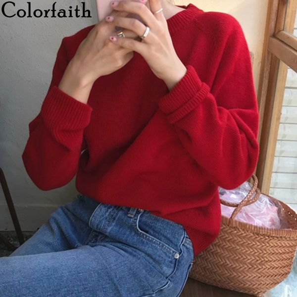 

colorfaith new 2019 autumn winter women's sweaters pullover korean style fashionable casual solid office lady red sw7077, White;black