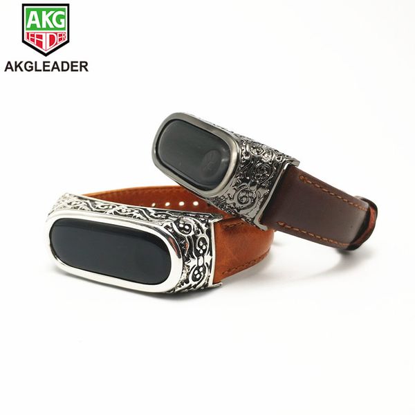 

retro genuine leather watch band strap for band 3 straps replacement wristband with metal case for miband 3, Black;brown