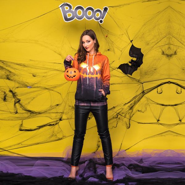 

halloween pumpkin ghost print scary costume party women pocket hooded sweatshirt jumpers pullover hoodies roleplay costumes, Black;red