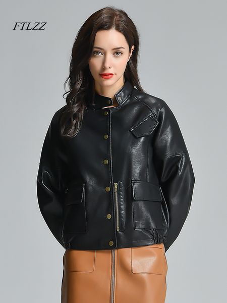 

ftlzz vintage faux leather jacket women black loose street outwear harajuku boy friend jacket moto biker outwear