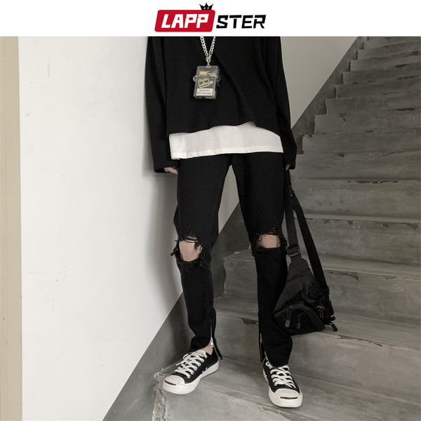 

men's jeans lappster men hip hop black ripped 2021 male korean streetwear skinny denim pants fashions high waist distressed, Blue