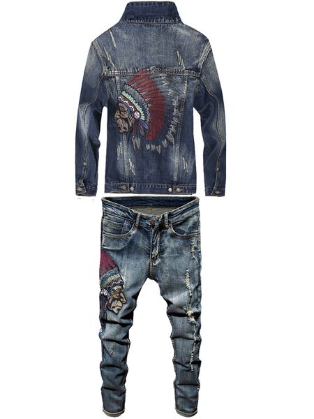 

2020 autumn winter fashion men's 2 piece set embroidered indian punk style long sleeve slim denim jacket + stretch jeans sets, Gray