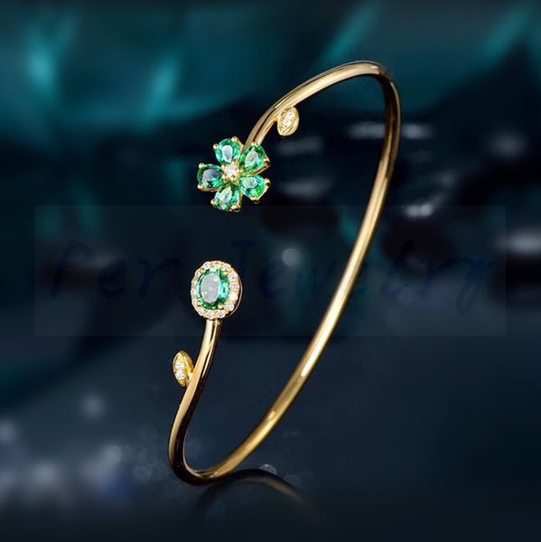 

natural real remerald flower bangle 0.25ct*6pcs gemstone 925 sterling silver fine jewelry #yh193704br, Golden;silver