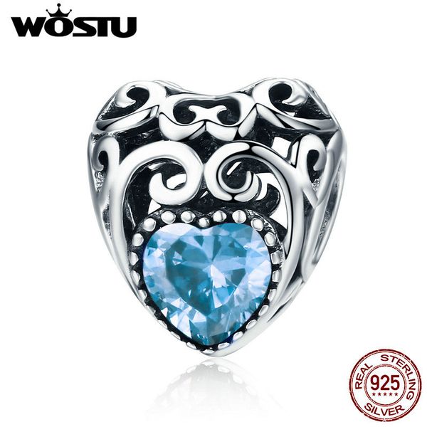 

wostu новый стиль 925 sterling silver марта birthstone подпись сердца шариков подходят оригинальный браслет ювелирных изделий подарка cqc573, Blue;slivery