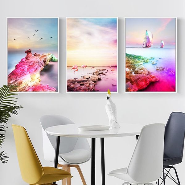 

colorful scenery the coast bird flamingos sailing canvas painting posters and prints wall pictures for living room decoration