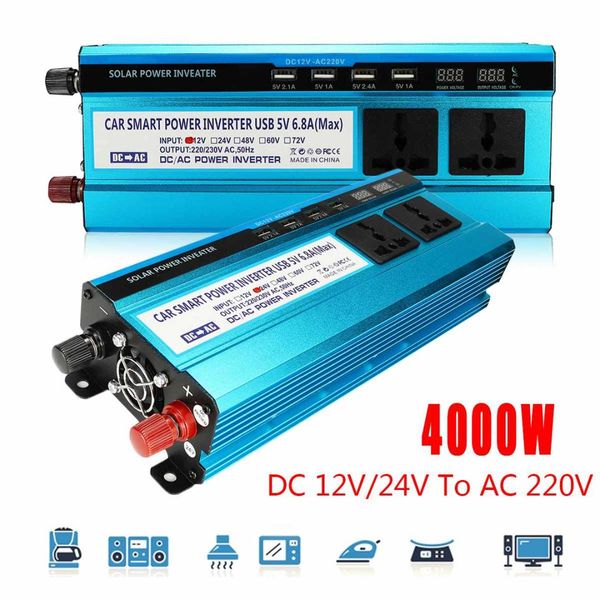 

4000w portable car power inverter car lcd solar power inverter dc 12/ 24v to ac 220v sine wave usb charger converter adapter
