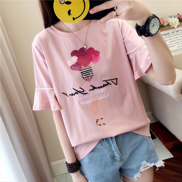 

#180g double grinding five-point trumpet sleeve t-shirt women's short sleeve printed student horn t-shirt horn, White