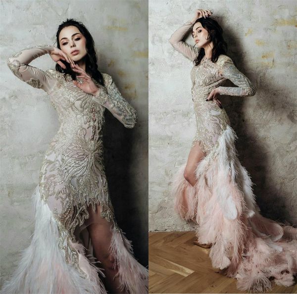 

2020 high low evening dresses beaded jewel neck feather mermaid prom dress sweep train arabic long formal gowns, Black;red
