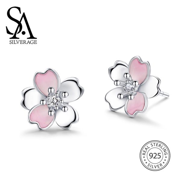 

sa silverage peach blossom female birthday gift woman petals earrings zirconia romantic s925 flower sterling silver earrings, Golden;silver
