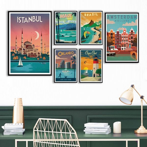 

new york netherlands amsterdam london vintage travel cities landscape art painting silk canvas poster wall home decor