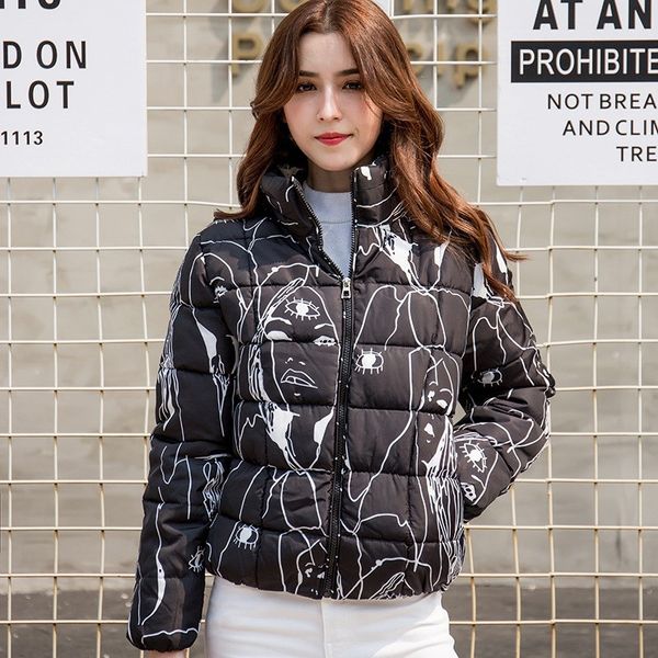 

2019 winter women short parka coat female slim long sleeve lady padded jacket coat casual print short warm parkas outfit outwear, Tan;black