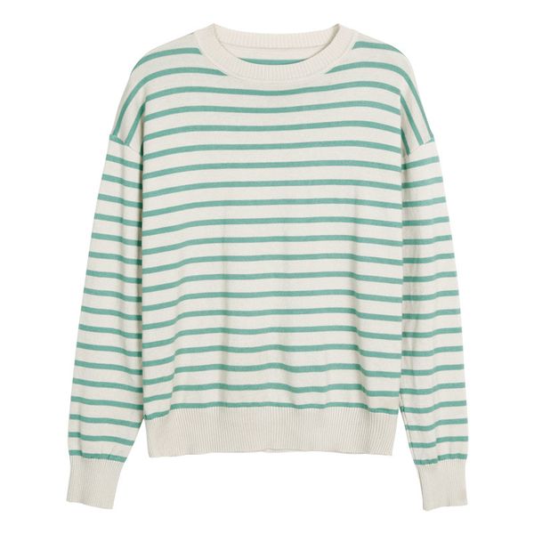 

women's falling shoulder striped round neck knit pullover cotton casual sweater knitted sweater loose casual, White;black