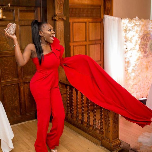 

fashionable red jumpsuit prom dresses one shoulder ruffles ankle length outfit evening party gowns satin pocket africa dress, White;black
